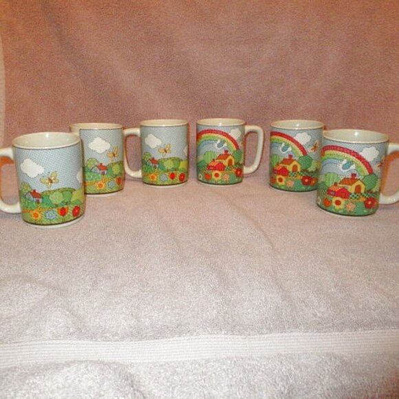 SET OF 6 Vintage OTAGIRI Butterfly RAINBOW Coffee MUGS Cross Stitch HOUSE Bird - Picture 4 of 10